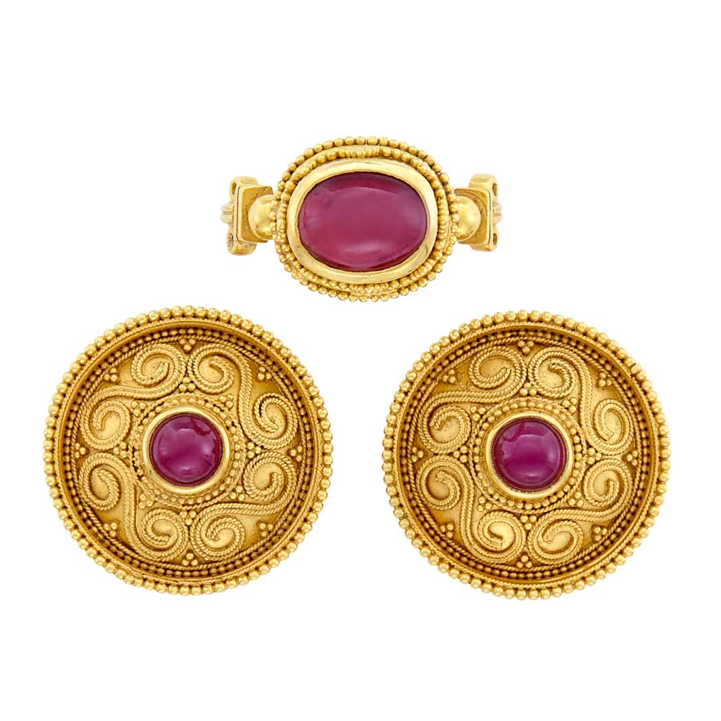 Appraisal: Pair of Gold and Cabochon Ruby Earclips Ilias Lalaounis and