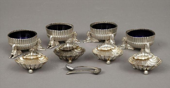 Appraisal: Set of Four Victorian Silver Salts with Cobalt Glass Liners