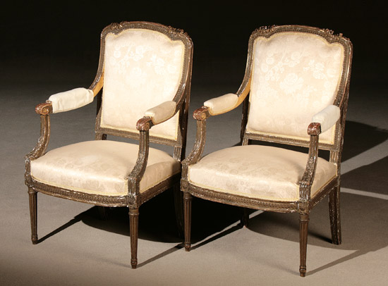 Appraisal: Pair of Louis XVI Style Giltwood Fauteuils la Reine Late