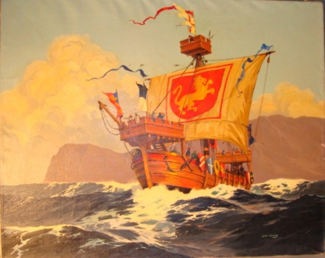 Appraisal: American - VIKING SHIP Oil on canvas Signed x in