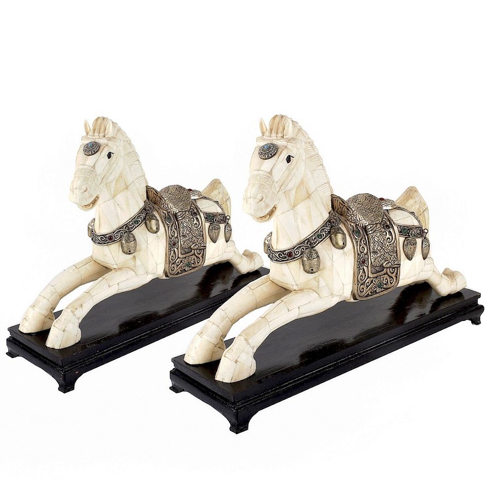 Appraisal: Pair Chinese Bone Horses Pair of Vintage Chinese Tessalated Bone