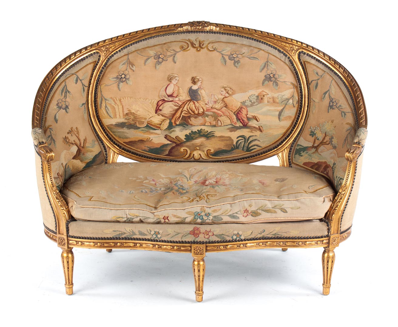 Appraisal: Louis XVI style giltwood upholstered canape floral carved exposed giltwood