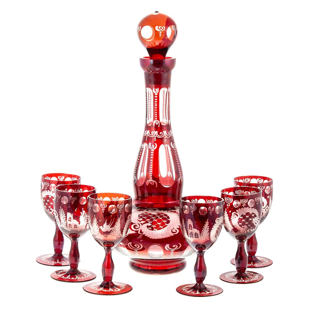 Appraisal: Bohemian Cranberry Cut to Clear Decanter Set Decanter with etched