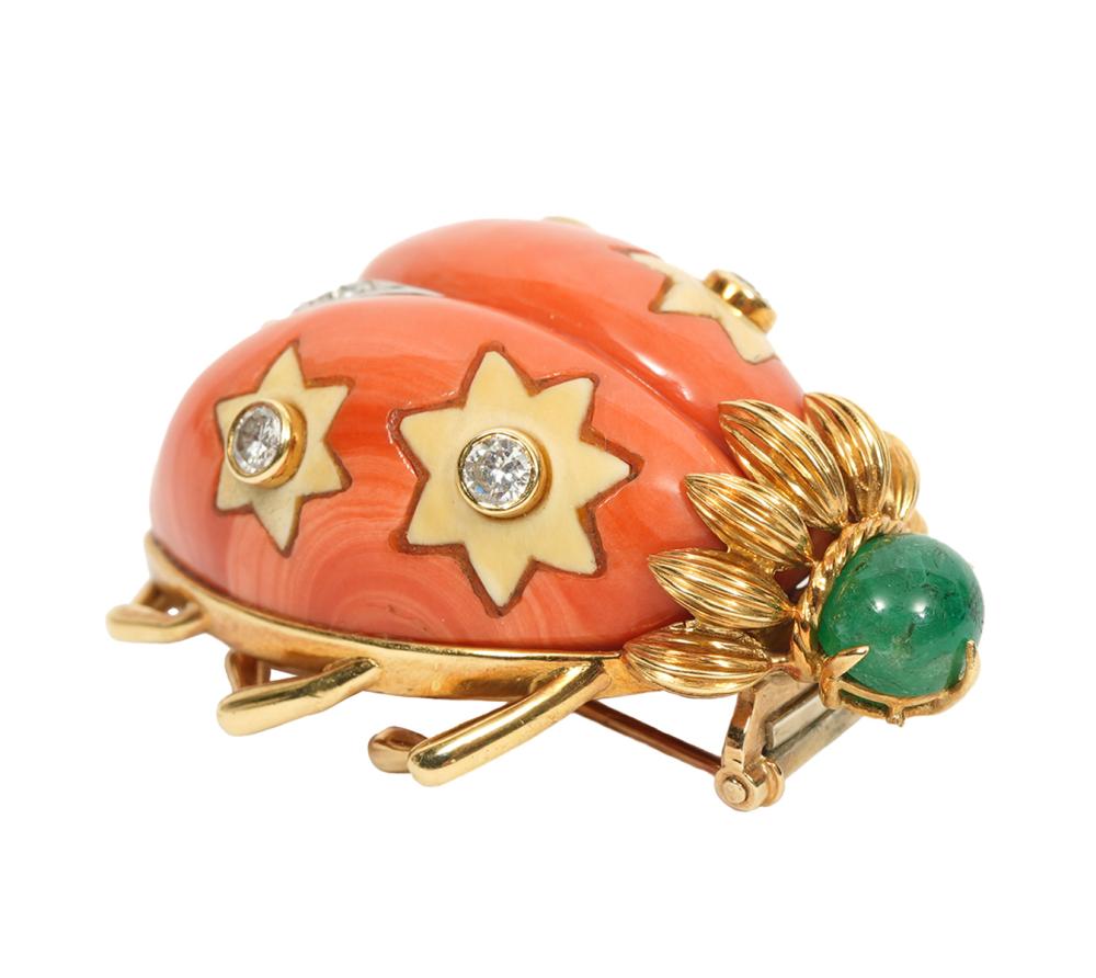 Appraisal: Estate diamond coral and emerald lady bug clip brooch in