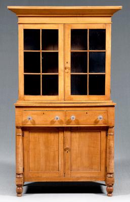 Appraisal: Curly maple step-back cupboard two pieces sharply angled cornice above