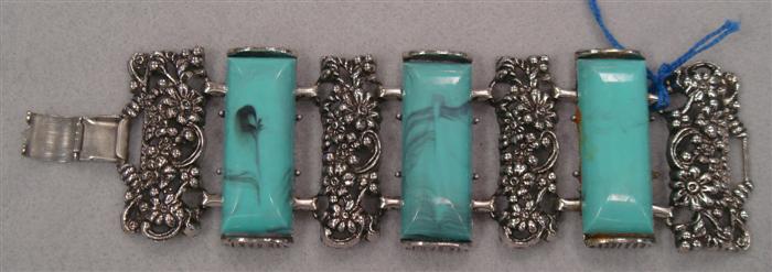 Appraisal: 's turquoise colored plastic and silvertone bracelet Estimate -