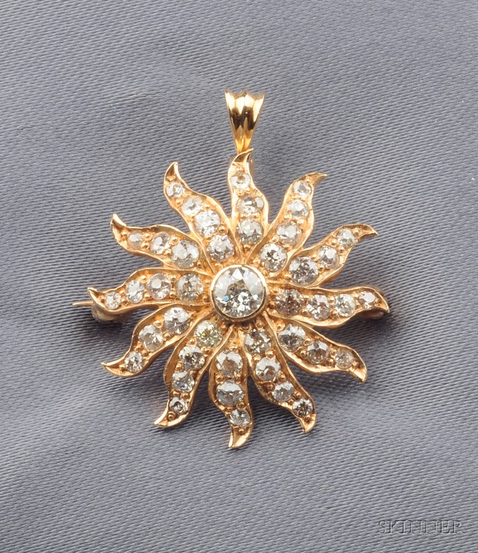 Appraisal: Antique kt Gold and Diamond Starburst Pendant Brooch set with