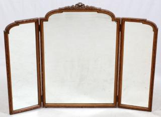 Appraisal: TRIPTYCH FRENCH CARVED WALNUT VANITY MIRROR TRIPTYCH FRENCH CARVED WALNUT