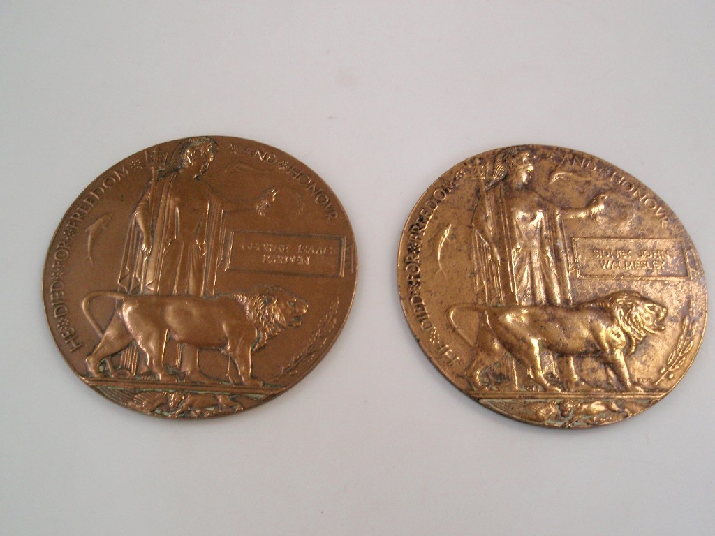 Appraisal: Two WWI bronze death plaques one for Sidney John Walmesley