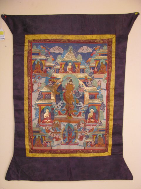 Appraisal: Hand painted silk Tankai wall hanging with various religious scenes