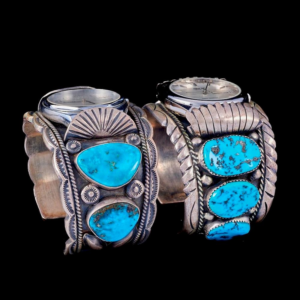 Appraisal: NAVAJO WATCH CUFF BRACELETS Two old pawn turquoise and silver