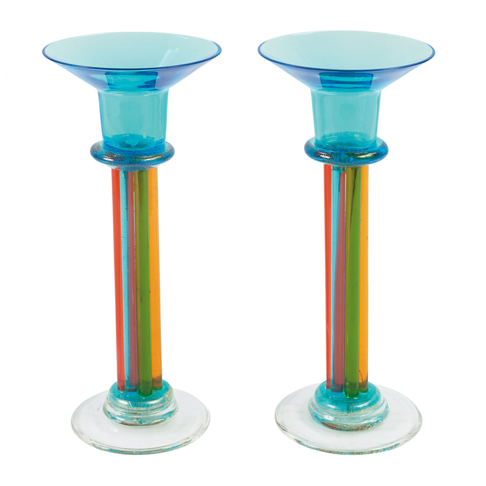 Appraisal: Cenedese Albarelli candlesticks pair Murano Italy blue and clear glass