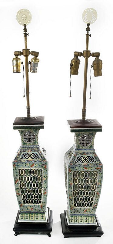 Appraisal: Pair Reticulated Famille Verte Double Walled Vases Qing dynasty square