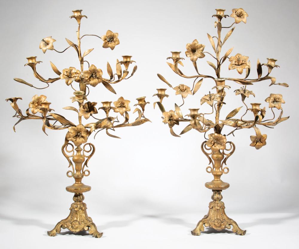 Appraisal: Pair of Antique French Gilt Metal Floriform Seven-Light Candelabra th