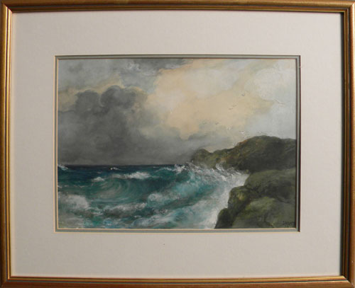 Appraisal: Watercolor and gouache coastal scene signed Mente x