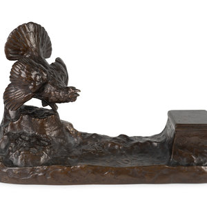 Appraisal: A Bronze Standish with Ruffled Grouse and Inkwell Height x