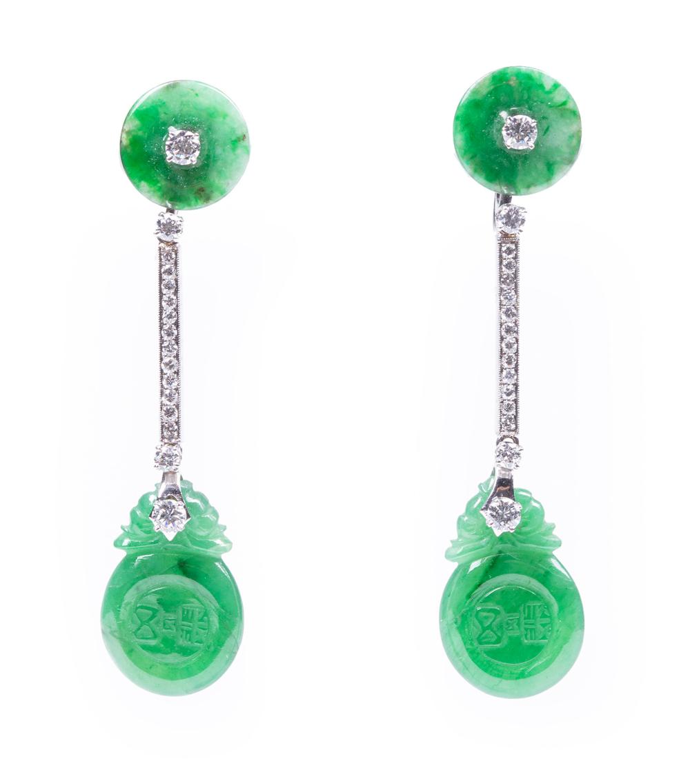 Appraisal: PAIR OF WHITE GOLD CARVED JADE AND DIAMOND DANGLE EARRINGSPair