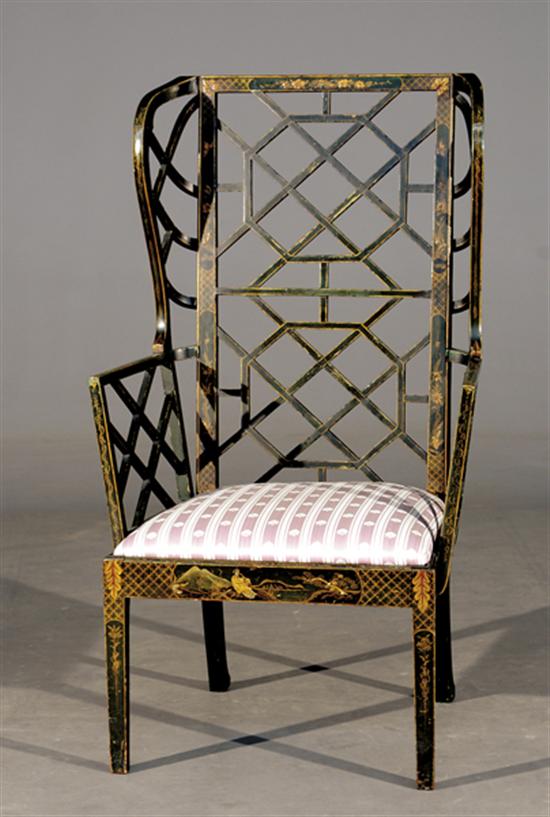 Appraisal: Chinese Chippendale chinoiserie wingback armchair last quarter th centurylatticework frame