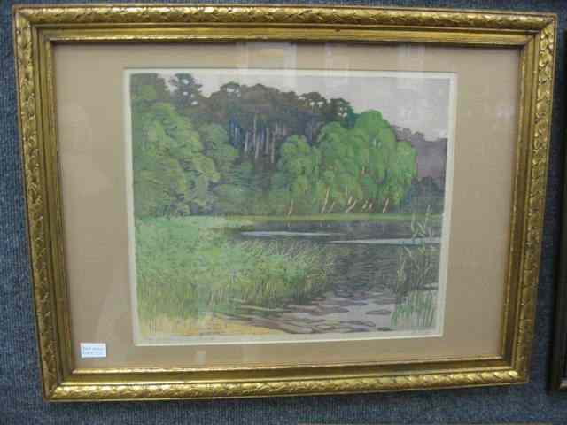 Appraisal: Helene Mass Woodblock Print landscapewith lake image area - ''