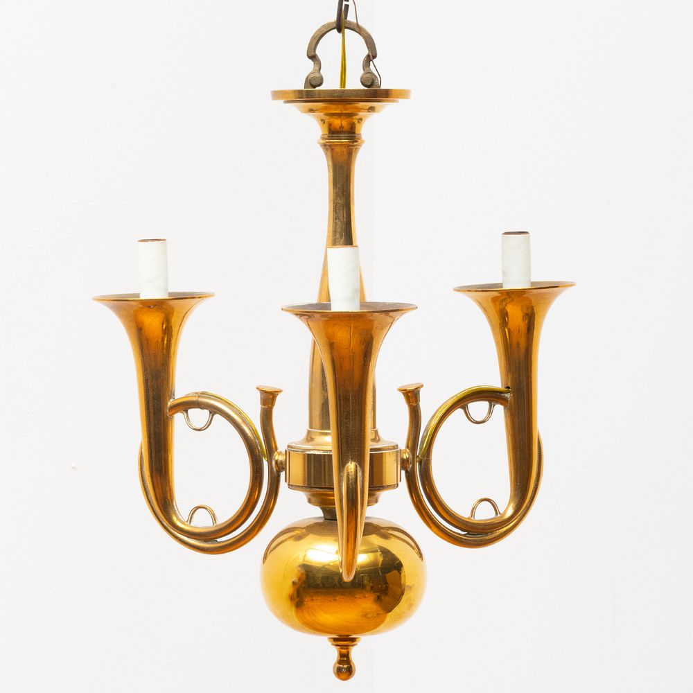 Appraisal: Brass French Horn Form Three-Light Chandelier x in diam Condition