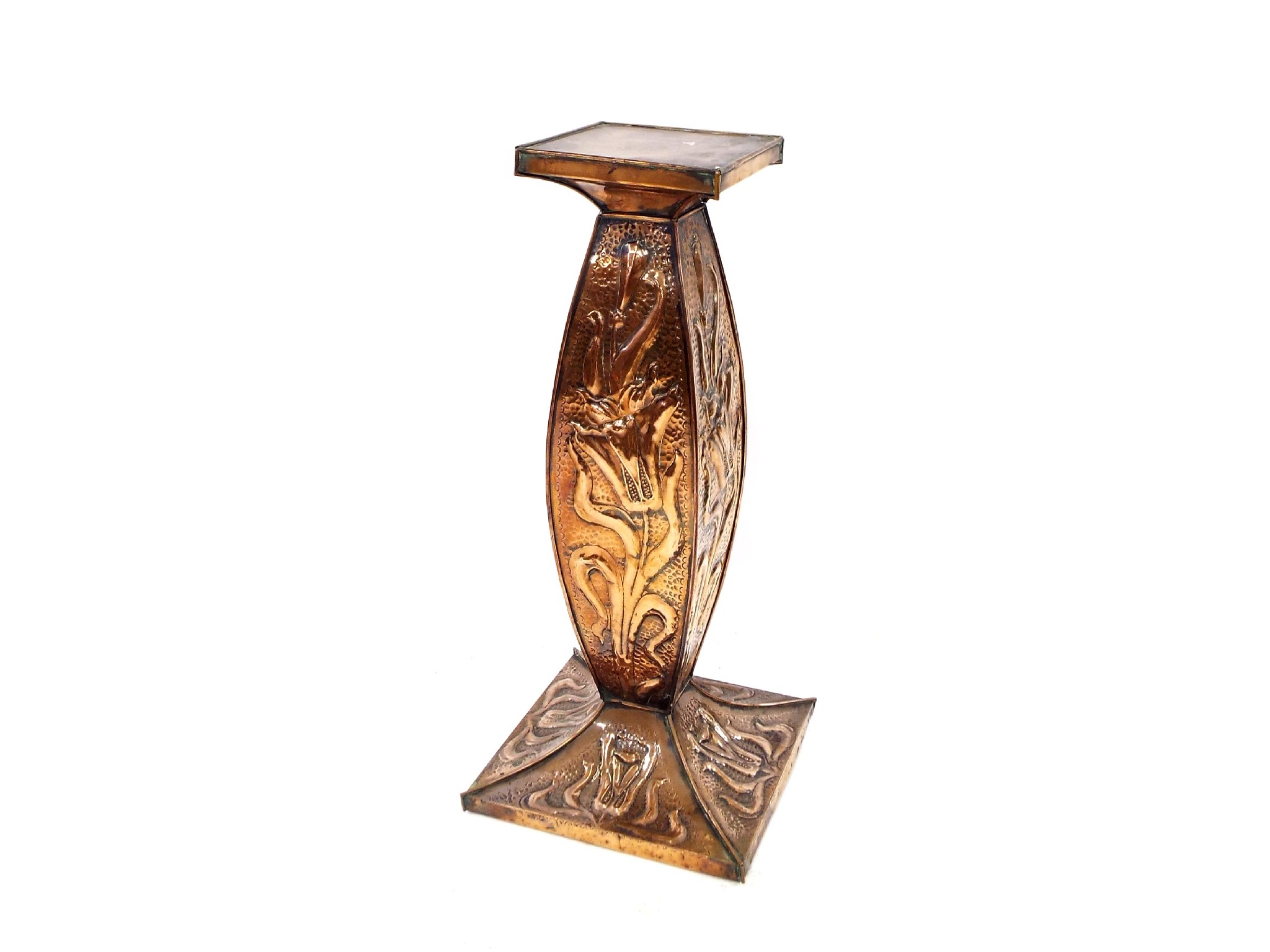 Appraisal: Art Nouveau embossed copper square baluster jardiniere stand decorated with