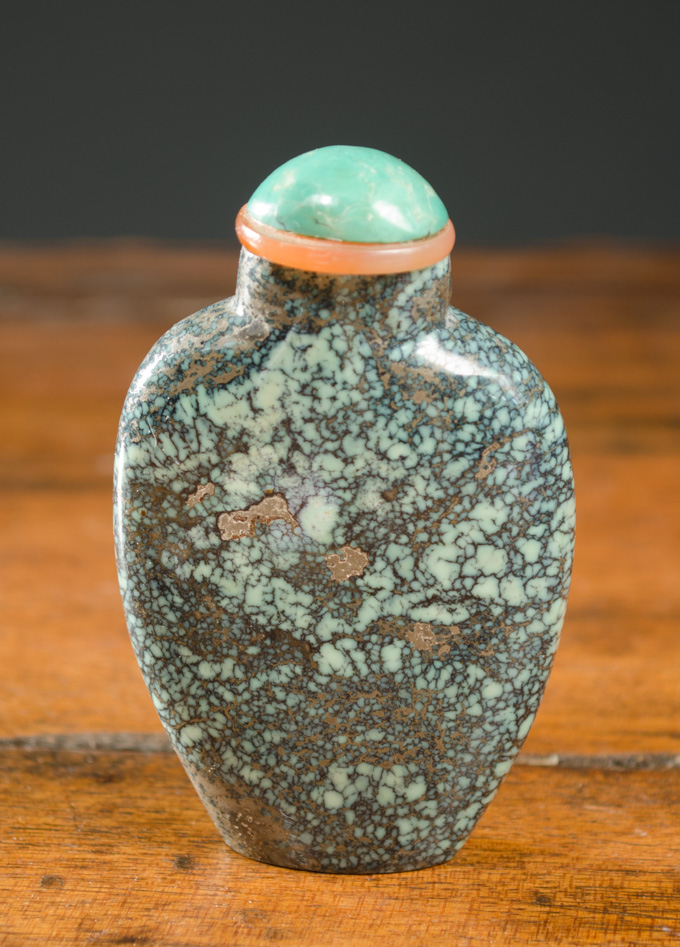 Appraisal: CHINESE JADE SNUFF BOTTLE mottled green with brown interspersed lighter