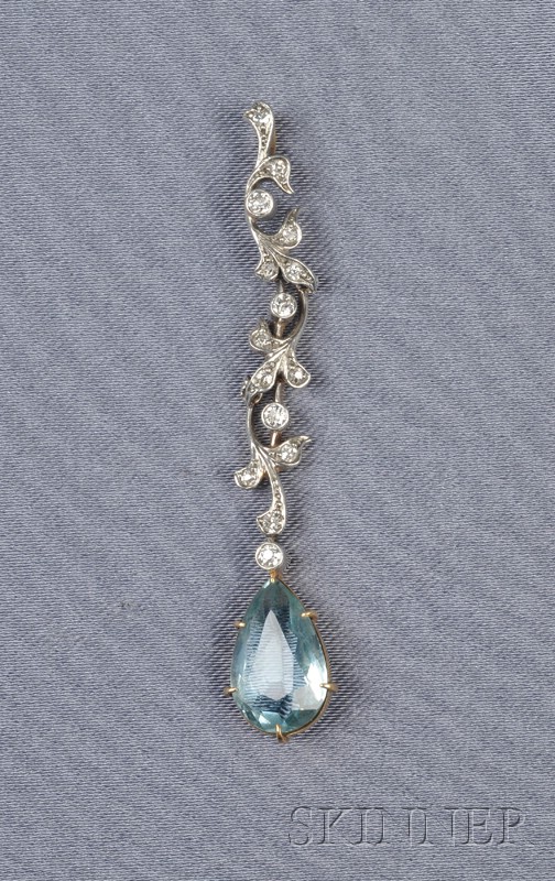 Appraisal: Edwardian Aquamarine and Diamond Pendant the pear-shape aquamarine drop suspended