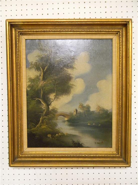 Appraisal: Oil painting on canvas landscape of river with an arched