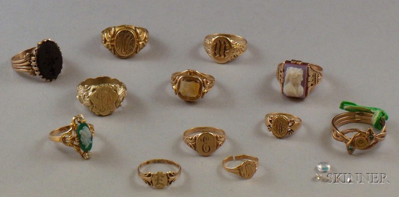 Appraisal: Twelve Gold Rings including seven signet rings a citrine intaglio