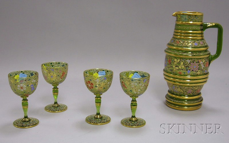 Appraisal: Five-piece Gilt and Enamel Floral Decorated Green Glass Drinking Set