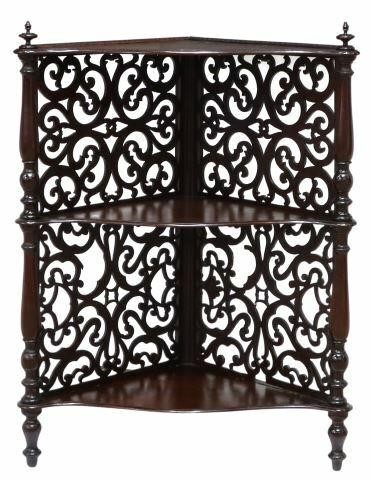 Appraisal: Victorian mahogany corner etagere late th c urn-form finials over