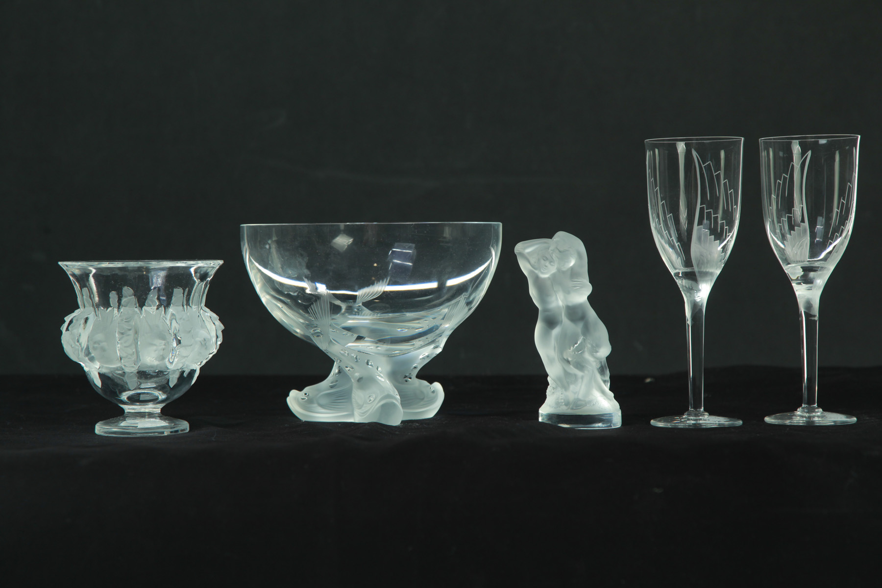 Appraisal: FIVE PIECES OF LALIQUE GLASS WITH FROSTED DECORATION France th