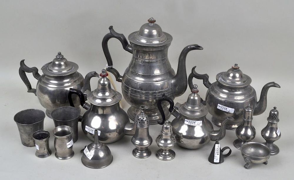 Appraisal: Large Group Pewter Tablewares comprising five pewter teapots two funnels