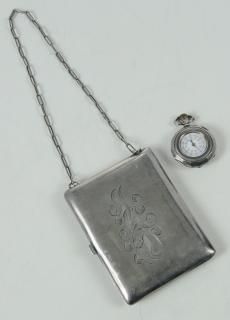 Appraisal: Sterling Purse and Silver Watch rectangular purse with chain interior