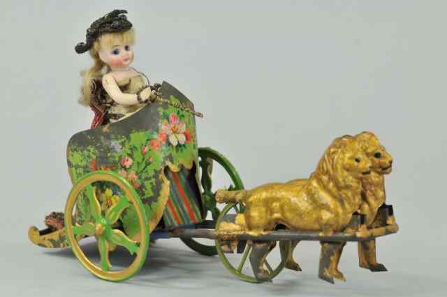 Appraisal: LION DRAWN CHARIOT Early toy depicts girl standing in chariot