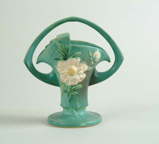 Appraisal: ROSEVILLE PEONY HANDLED BASKET VASE Shape No Roseville mark in