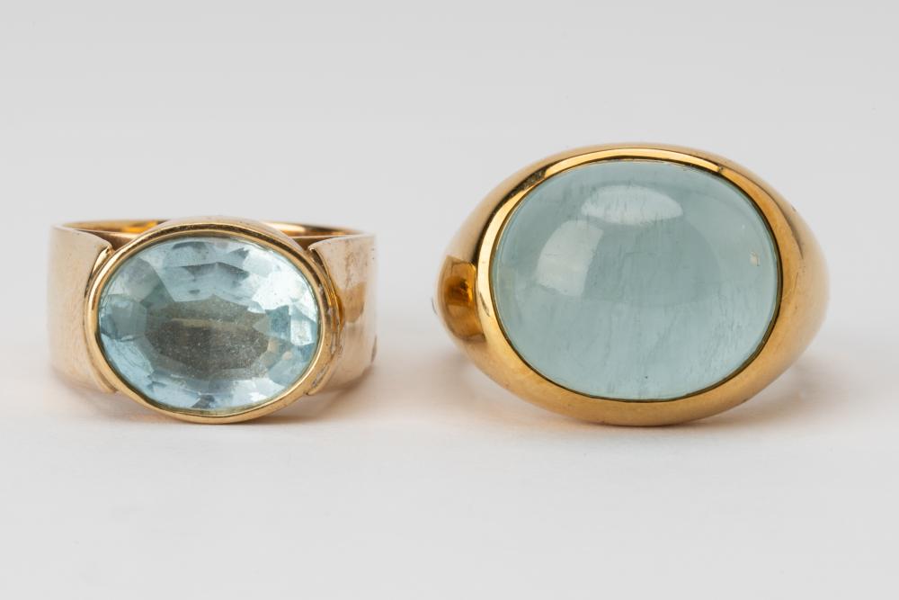 Appraisal: TWO YELLOW GOLD BLUE-STONE RINGSIncluding an Karat yellow gold ring