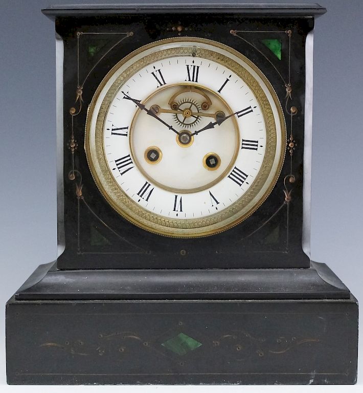 Appraisal: Old Black Slate Open Work Malachite Inlay Clock Lovely black