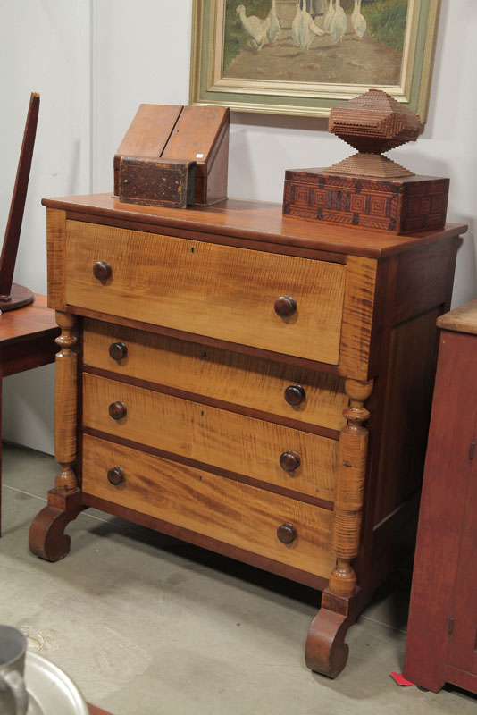 Appraisal: EMPIRE CHEST OF DRAWERS Cherry and curly maple Large drawer