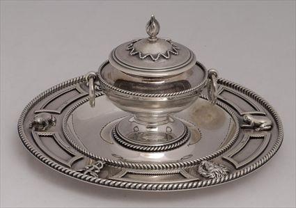 Appraisal: VICTORIAN SILVER INKSTAND R Hennell London the stand applied with