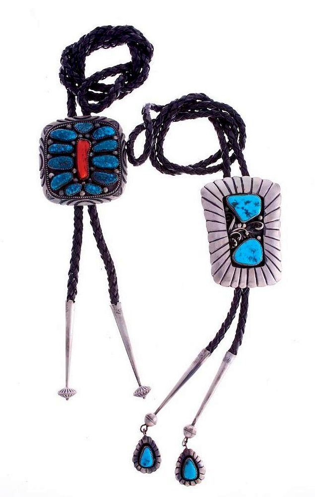 Appraisal: NAVAJO BOLOS Two Vintage Navajo bolo ties turquoise coral and