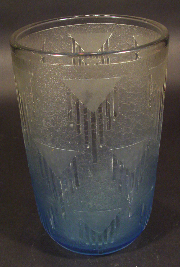 Appraisal: Art Deco frosted blue glass vase engraved with triangular motifs