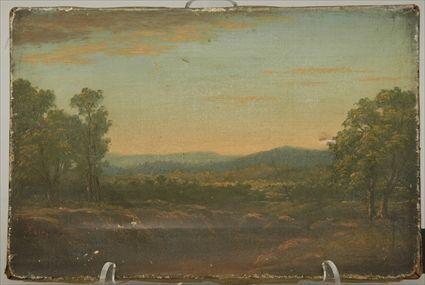 Appraisal: American School Oil on Canvas Landscape with Sunset Indistinctly Signed