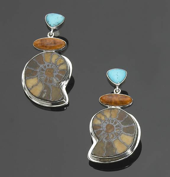 Appraisal: Pair of Turquoise Spiny Oyster and Ammonite Earrings Consisting of