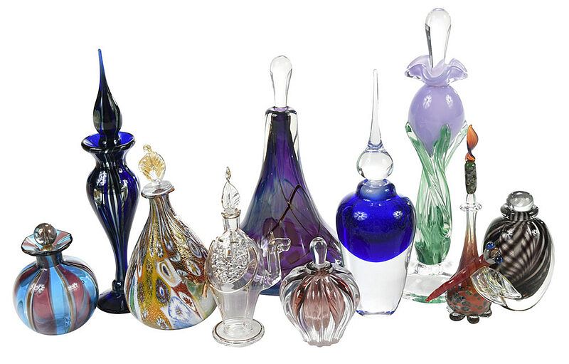 Appraisal: Ten Assorted Art Glass Studio Perfume Bottles including tall lavender