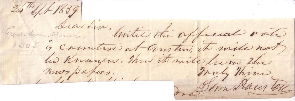 Appraisal: HOUSTON SAMUEL Clipped portion of an Autograph Letter Signed Sam