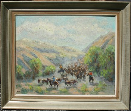 Appraisal: SOUTH WESTERN LANDSCAPE OIL CANVAS BOARD Depicting cattlemen and steer