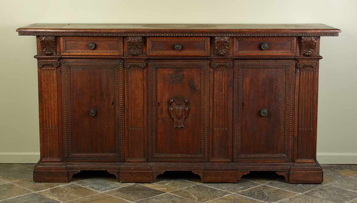 Appraisal: th Cent Italian Carved Walnut Sideboard Fluted carved capitals Acanthus