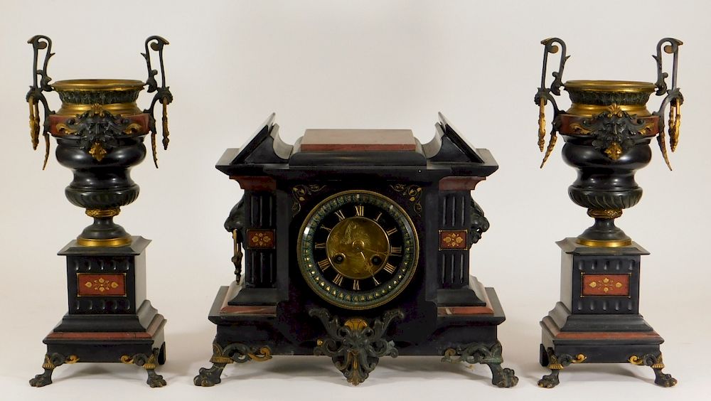 Appraisal: C French Black Rouge Marble Clock Garniture Set France th