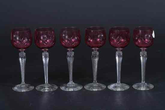 Appraisal: SIX ETCHED CRANBERRY GLASS GOBLETS With ribbon twist stems -